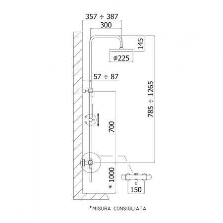 Colonna doccia regolabile MINI BIRILLO PAFFONI - soffione Ø225 mm - Dimensioni